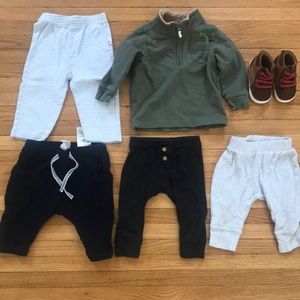 Lot of 4 pants, half zip cotton pullover and shoes